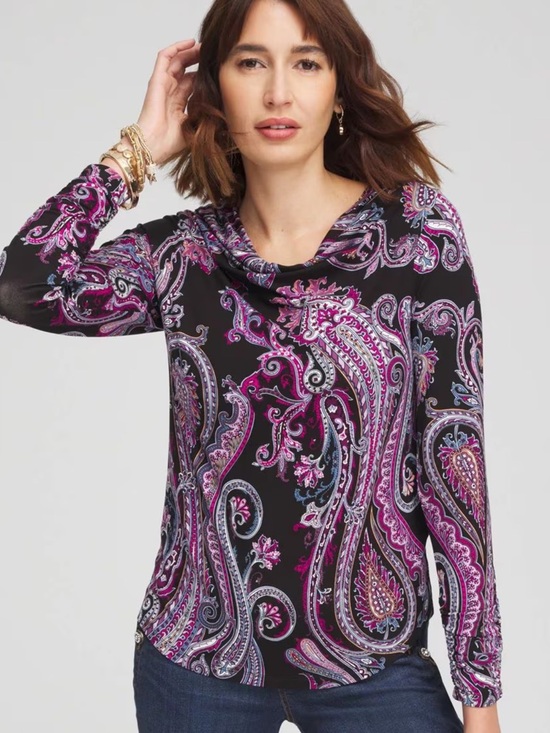 Chico's Tops - Chicos Womens Paisley Cowl Neck Touch Of Cool Top Size XL Black Purple Office